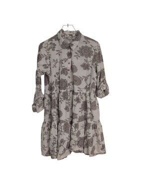 Violet Skies Floral Dress Womens Size 2X Beige Roll Tab Sleeve Tiered Flowy